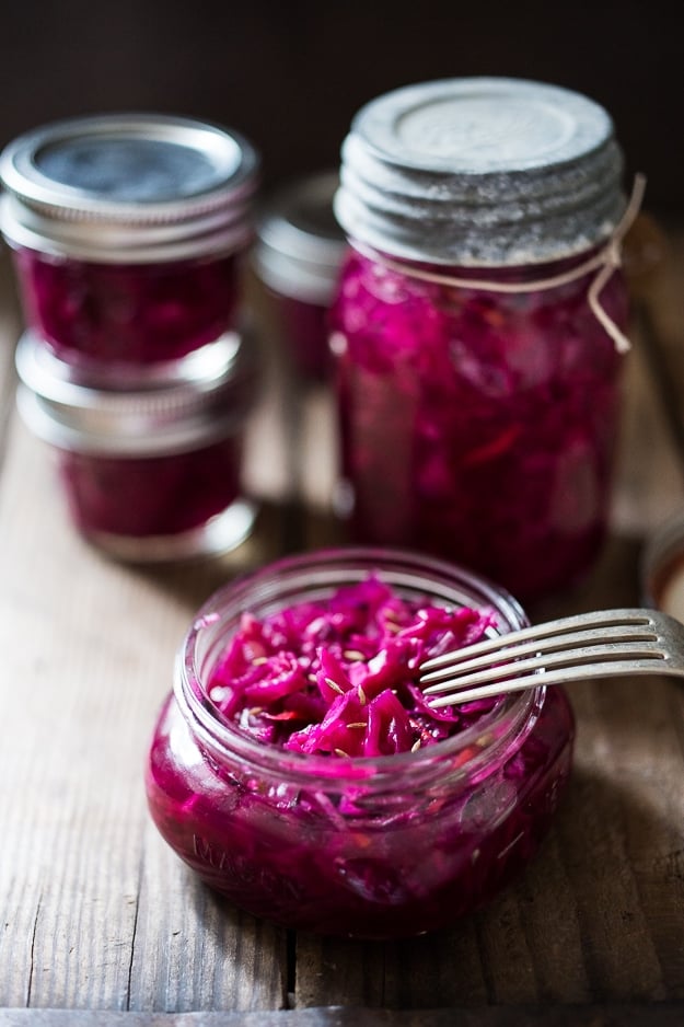 Beet and Cabbage Sauerkraut- an easy small batch recipe that can be made in a mason jar. | www.feastingathome.com