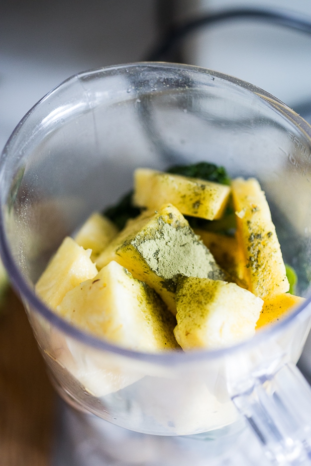 matcha smoothie ingredients in a blender