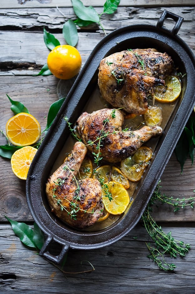 Roasted Sumac Chicken with Meyer Lemons...juicy flavorful Middle Eastern baked chicken dish that will make your mouth water! #paleo #lowcarb #keto #sumac #sumacchicken #easy #roastedchicken #Gluten-free.#bakedchicken #feastingathome| www.feastingathome.com