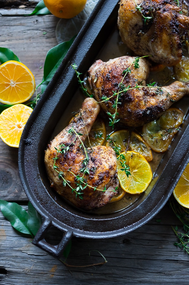 Roasted Sumac Chicken with Meyer Lemons...juicy flavorful Middle Eastern baked chicken dish that will make your mouth water! #paleo #lowcarb #keto #sumac #sumacchicken #easy #roastedchicken #Gluten-free.#bakedchicken #feastingathome| www.feastingathome.com