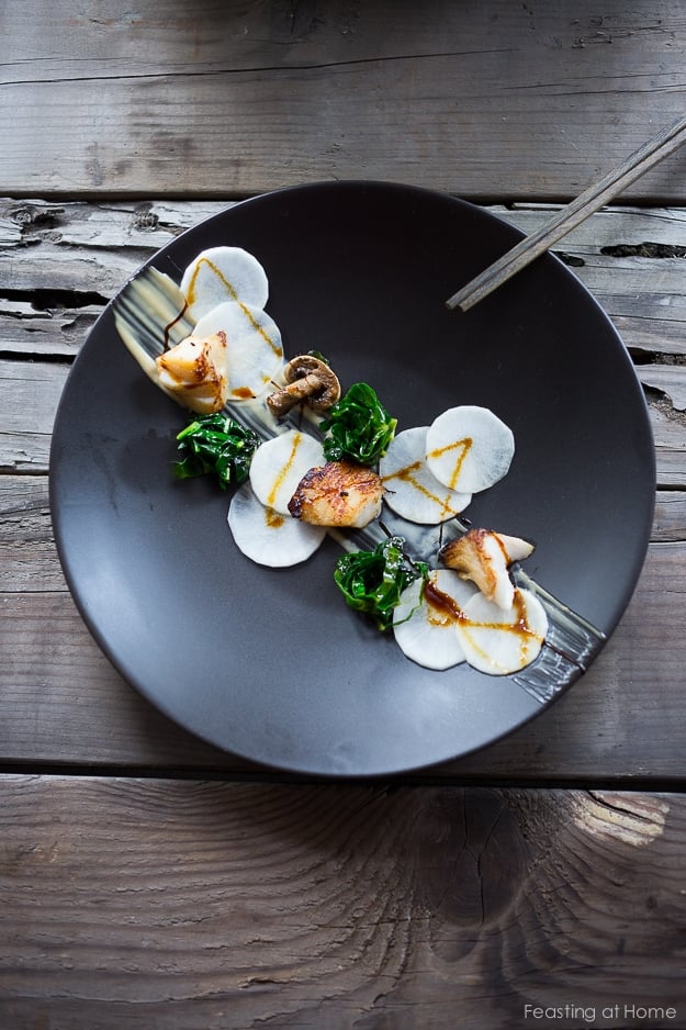 White Miso Black Cod-w/ pickled daikon, kale nests and miso aioli | www.feastingathome.com