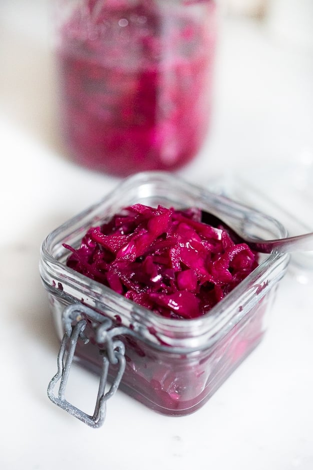 Beet and Cabbage Sauerkraut- an easy small batch recipe that can be made in a mason jar. | www.feastingathome.com