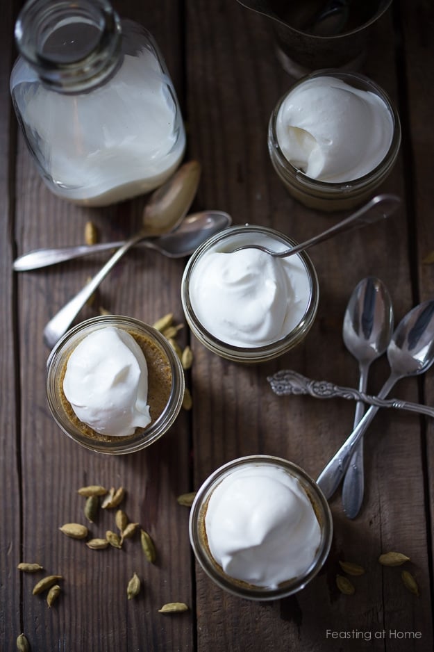 Cardamom Latte Panna Cotta- a scrumptious, easy dessert with a hint of coffee flavor - perfect for holiday gatherings. Can be made ahead! | www.feastingathome.com #pannacotta #easypannacotta 