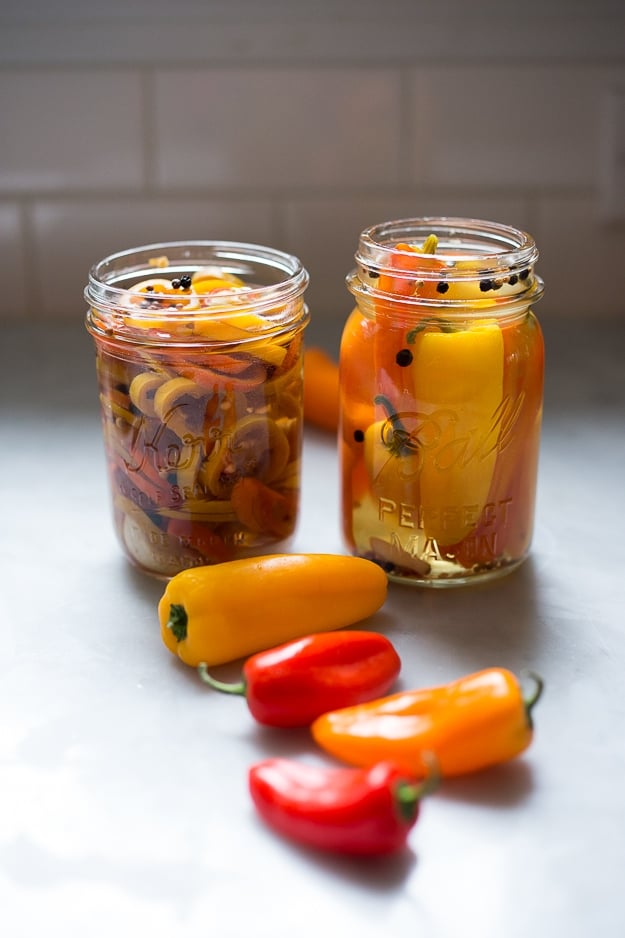 Quick pickled peppers...great on sandwiches! | www.feasitngathome.com