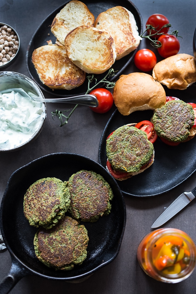 Falafel Burgers with Tzatziki- a vegan gluten free burger that is healthy and filling! | www.feasitngathome.com