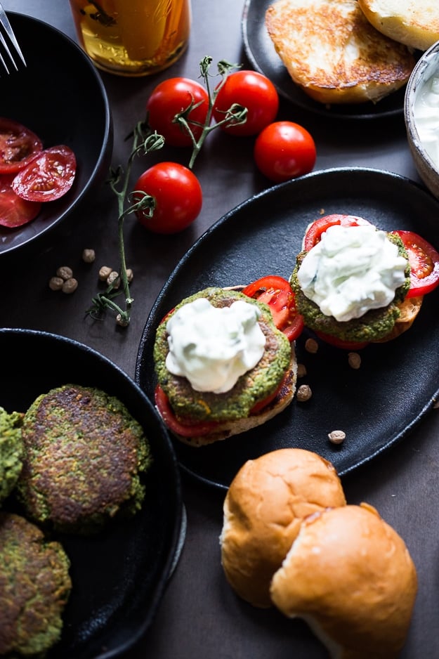 Falafel Burgers with Tzatziki- a vegan gluten free burger that is healthy and filling! | www.feasitngathome.com