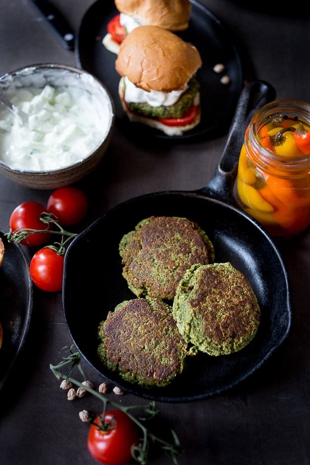 Falafel Burgers with Tzatziki- a vegan gluten free burger that is healthy and filling! | www.feasitngathome.com