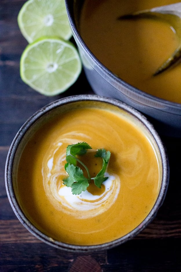 Thai Sweet Potato Soup with coconut, lemongrass and ginger....a light and healthy recipe that is Vegan and Gluten free! | www.feastingathome.com #sweetpotatosoup #thaisoup #sweetpotatorecipe 