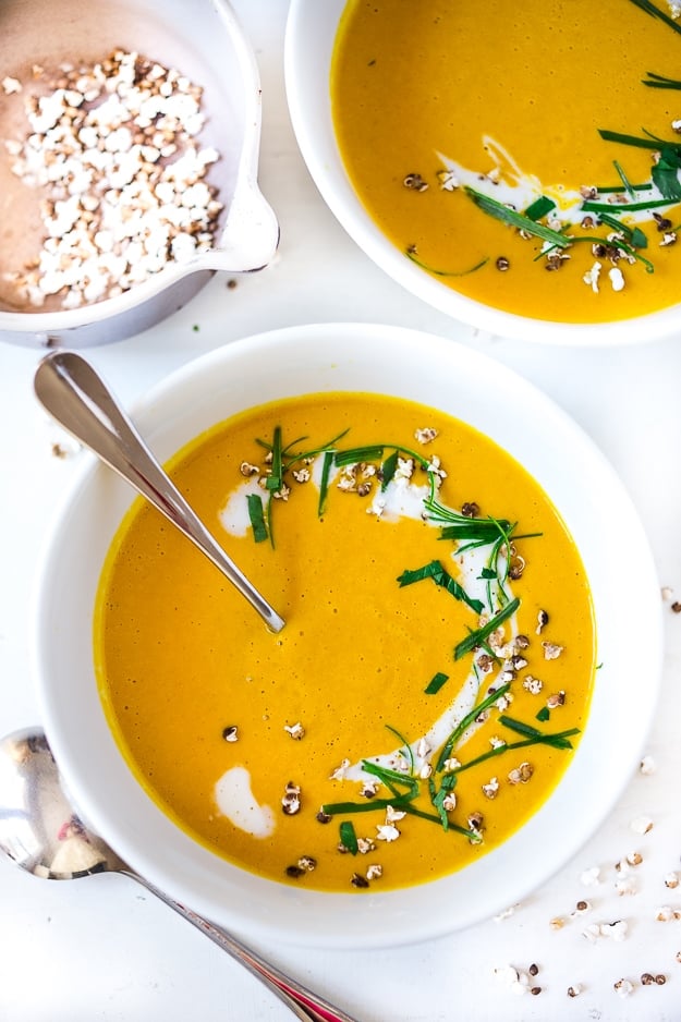 Thai Sweet Potato Soup with coconut, lemongrass and ginger....a light and healthy recipe that is Vegan and Gluten free! | www.feastingathome.com #sweetpotatosoup #thaisoup #sweetpotatorecipe 