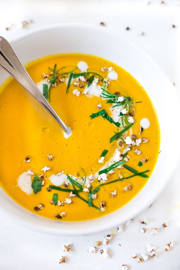 Thai Sweet Potato Soup with coconut, lemongrass and ginger + Plus 10 Warming THAI RECIPES to help take the chill out of winter | www.feastingathome.com #thairecipes #vegan #thaisoup #sweetpotatosoup #sweetpotatorecipes