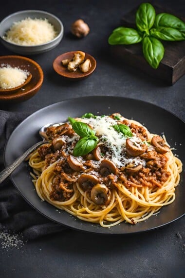 This Bolognese Sauce (aka Sunday Sauce) is hearty, robust and full of depth and flavor! Make it in a slow cooker, on the stovetop or in an Instant pot. We lighten it up with ground turkey (optional) and add mushrooms for extra umami. 