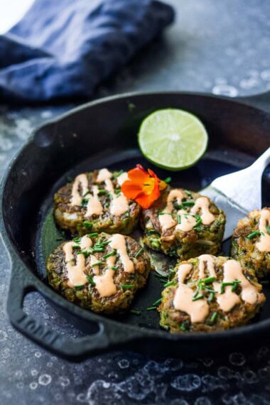 Bursting with Mexican flavor, these shredded Zucchini Patties are made with cilantro, jalapeño, and lime. Serve with chipotle mayo for a light, delicious vegetarian meal, tasty appetizer, or summer side dish.