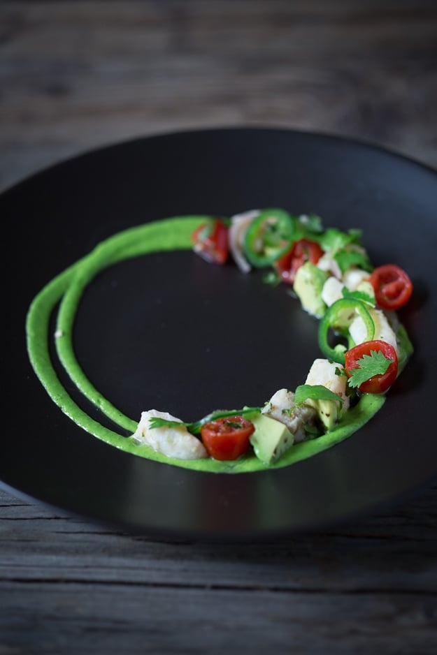 ceviche appetizer, plated with avocado cream