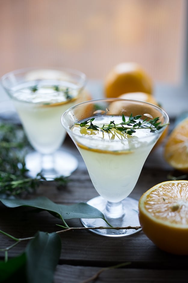 A classic gimlet consists of gin (or vodka), lemon and sugar. We take our gimlet to the next level with Meyer lemons and a thyme-infused simple syrup.
