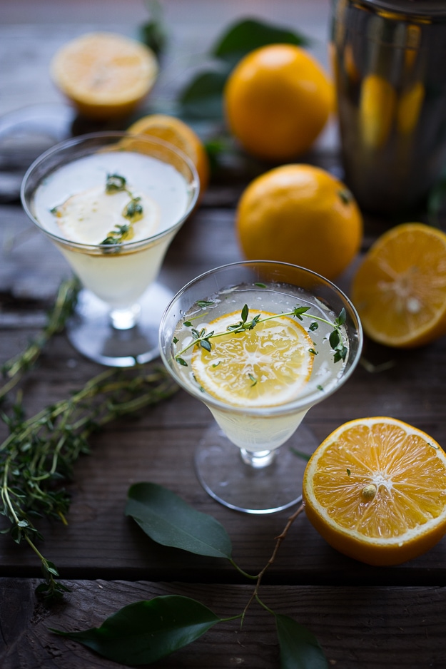 A classic gimlet consists of gin (or vodka), lemon and sugar. We take our gimlet to the next level with Meyer lemons and a thyme-infused simple syrup.