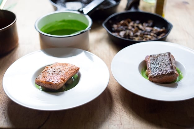 Pan-Seared Trout w/ Mushrooms, New Potatoes & Truffled Spring Pea Sauce | www.feastingathome.com #stealhead #springrecipes #salmon #peas #trout