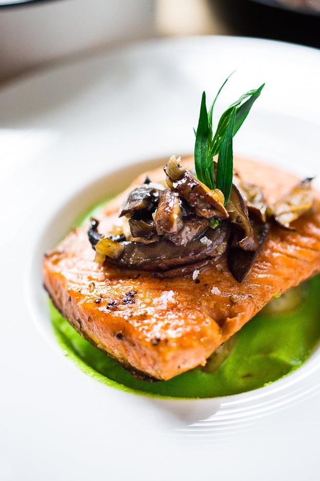 Pan-Seared Trout w/ Mushrooms, New Potatoes & Truffled Spring Pea Sauce | www.feastingathome.com #stealhead #springrecipes #salmon #peas #trout