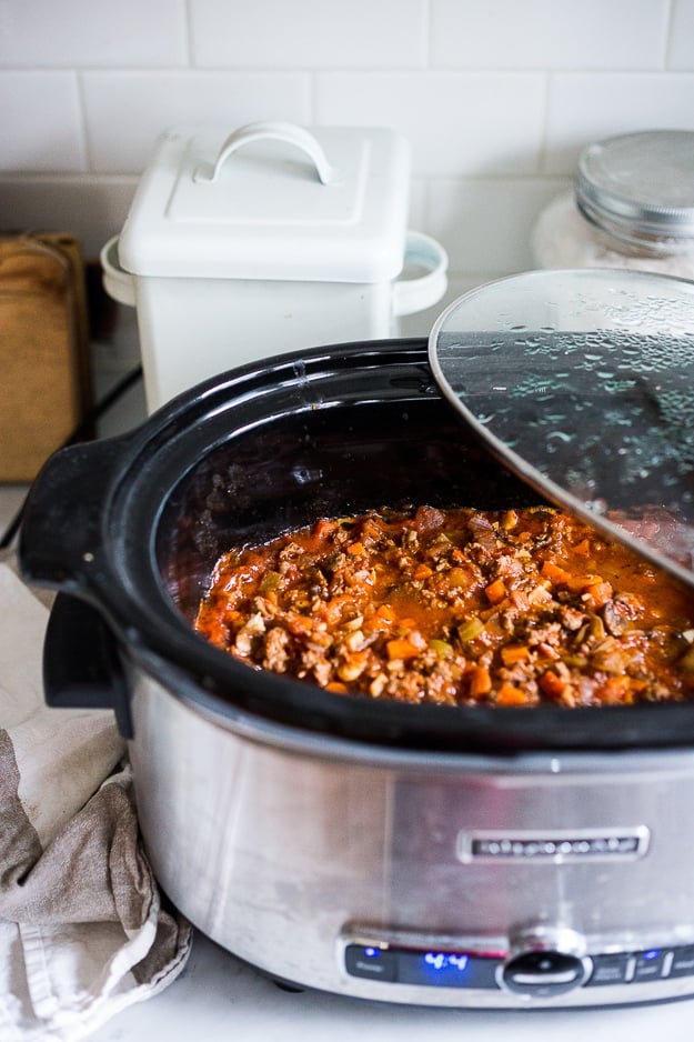 Slow Cooker Turkey Bolognese with Mushrooms- a simple easy meal with lots of depth and flavor. | #bolognese #turkey www.feastingathome.com