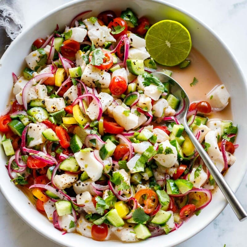 Ceviche in a white bowl.