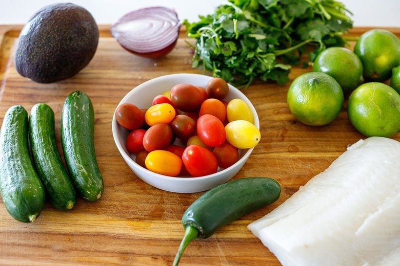 ceviche ingredients on the counter