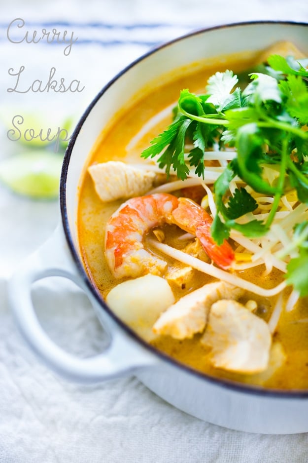 Laksa Soup w/ Malaysian style coconut curry broth, chicken or shrimp over rice noodles with fresh bean spouts, lime and cilantro. | www.feastingathome.com