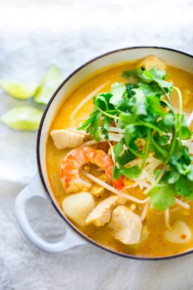 How to make authentic Laksa Soup!  This Malaysian Coconut Curry Noodle Soup can be made with your choice of chicken, shrimp or tofu (or all) with rice noodles in the most fragrant coconut broth. Top with fresh bean sprouts, lime, cilantro.  Learn how to make authentic Laksa Paste from scratch, or use store-bought laksa paste- either way, you will love this! 