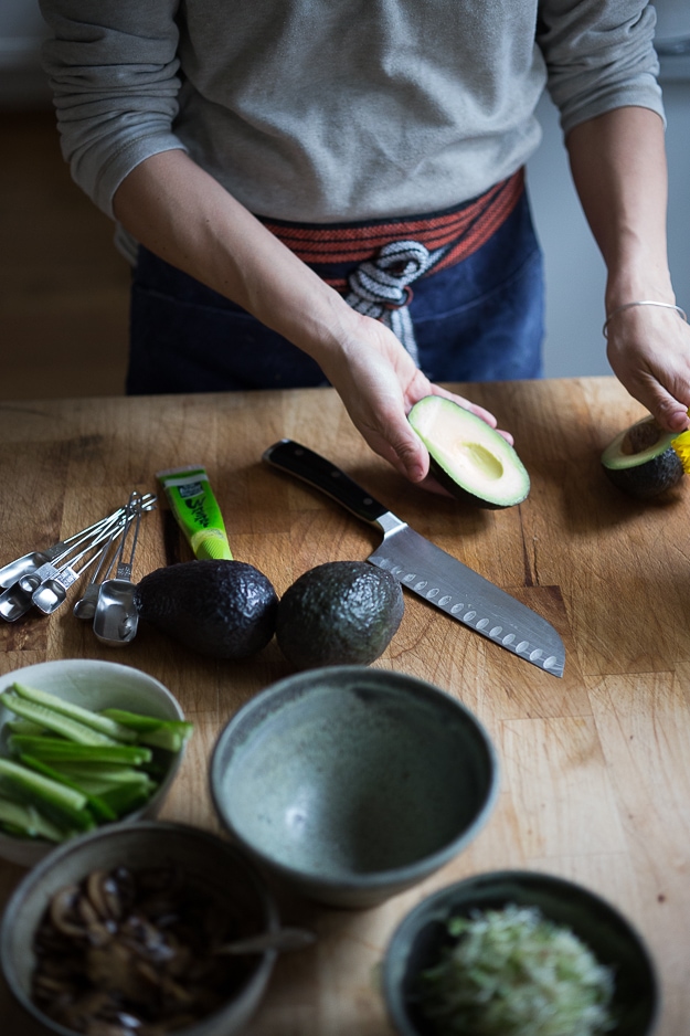 slicing veggies for hand rolls.