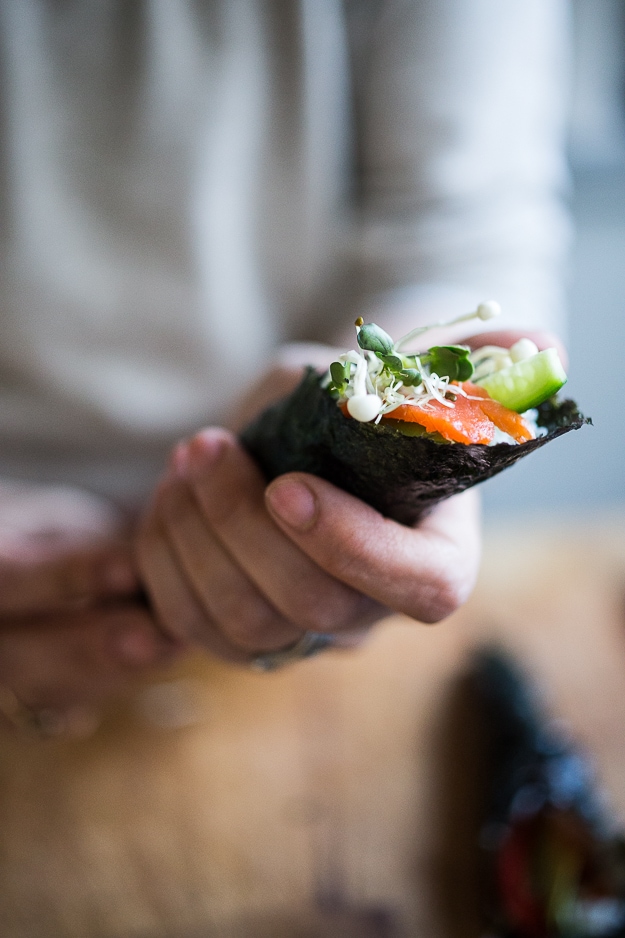 25 Best Salmon Recipes | These Salmon Hand Rolls (aka Temaki) with smoked salmon, avocado, cucumber, shiitakes and daikon sprouts are easy and fun to make! Your whole family will love them, even kids! Healthy light and tasty, these make for the perfect summer meal.