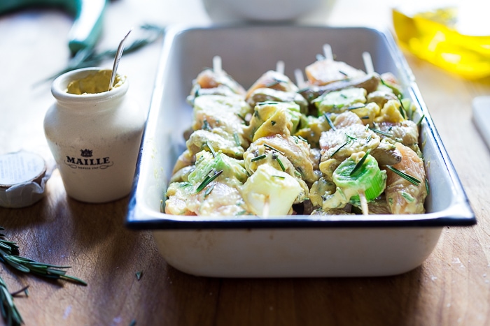 Grilled Leek Potato and Chicken Skewers with a Dijon Rosemary Marinade | www.feastingathome.com