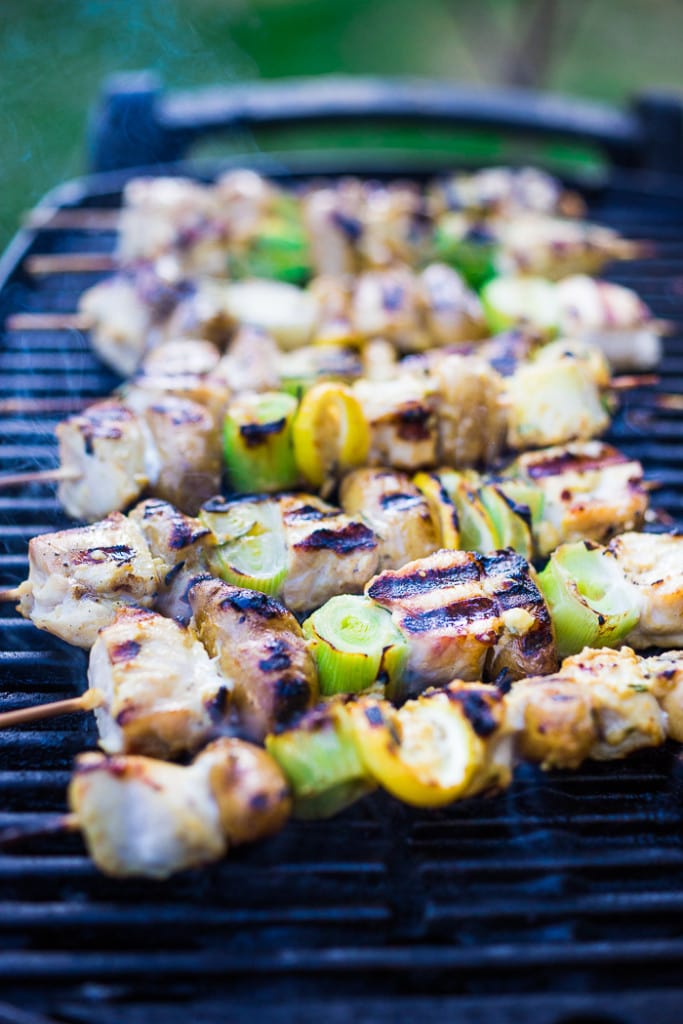 Grilled Leek Potato and Chicken Skewers with a Dijon Rosemary Marinade | www.feastingathome.com