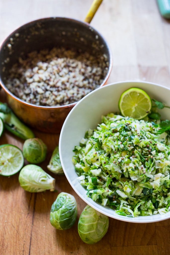 Vegan Mexican Brussel Sprout Salad with jalapeño, lime and cilantro! Serve as a "taco slaw",  a side salad for grill mains or meats. This salad can be made ahead! #brusselsproutsalad #brusslesproutslaw #brusselsprouts #veganslaw #vegansalad #mexicanslaw