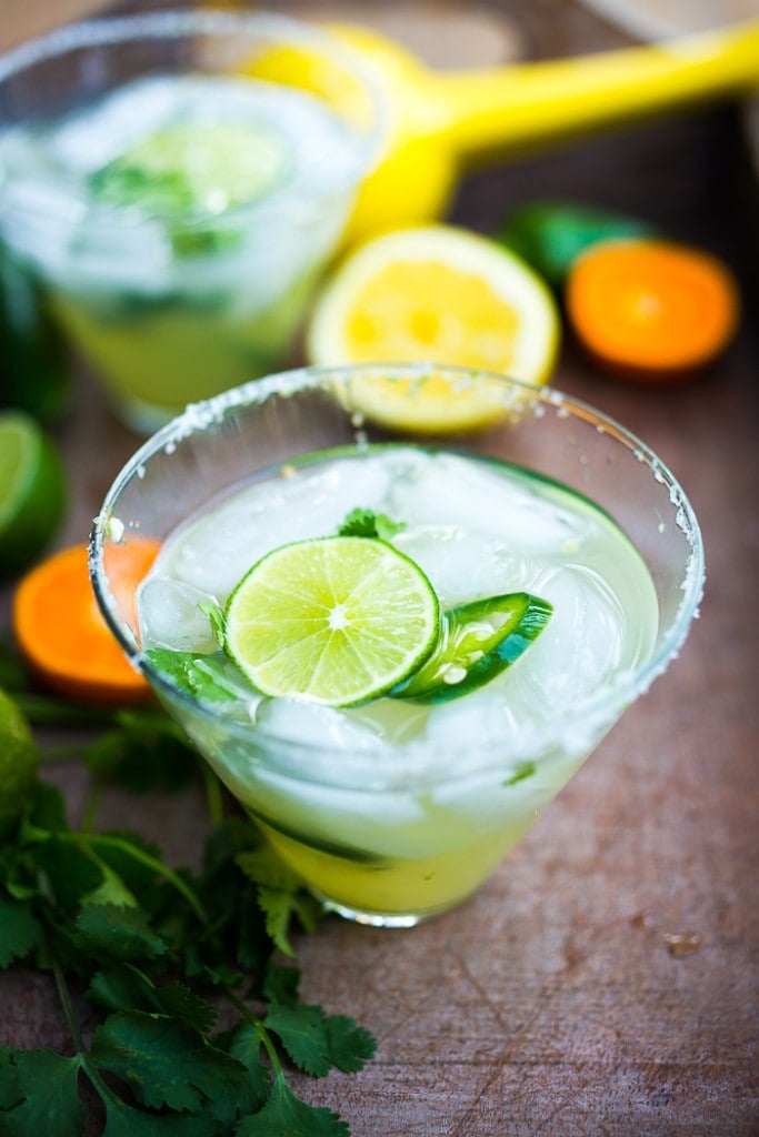 Mezcal Margarita w/ jalapeno and cilantro and lime...a refreshing twist! | www.feastingathome.com