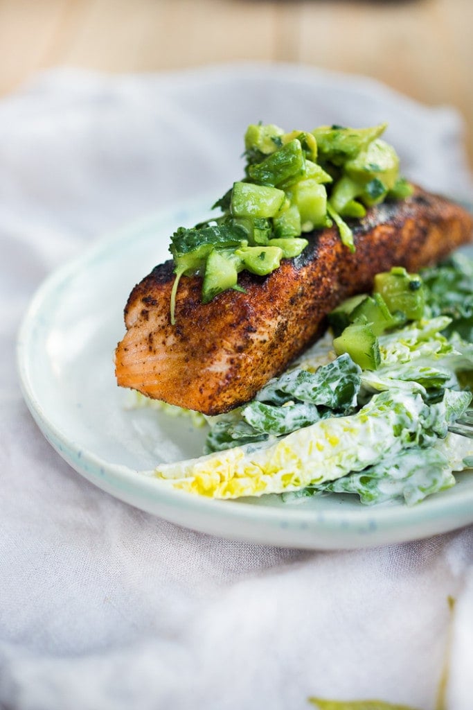  Grilled Salmon Salad with Avocado Cucumber Salsa served over a bed of little gems with a creamy, yogurt-based Cilantro Lime Dressing. Make this in 30 minutes- a healthy, delicious low-carb meal. 