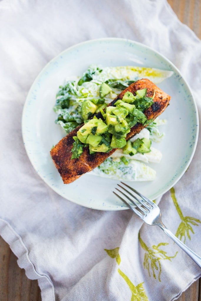  Grilled Salmon Salad with Avocado Cucumber Salsa served over a bed of little gems with a creamy, yogurt-based Cilantro Lime Dressing. Make this in 30 minutes- a healthy, delicious low-carb meal. 