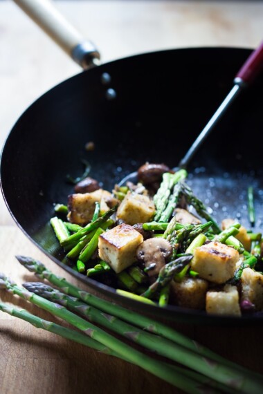 Asparagus Mushroom Stir fry with crispy tofu - a spring inspired, vegan stir fry that can be made in 20 minutes flat!