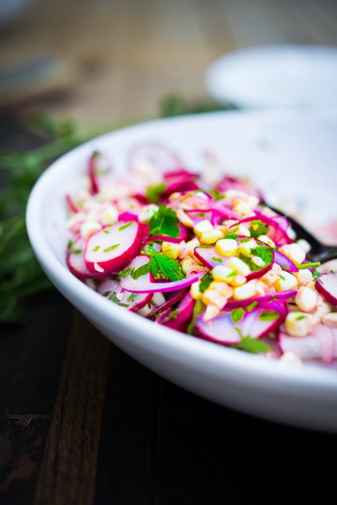 Grilled Flank Steak with Sweet Corn & Radish Salad...a healthy summer weeknight meal that can be made in 30 minutes! | www.feastingathome.com