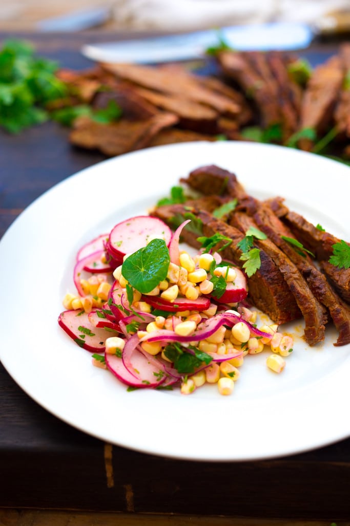 Grilled Flank Steak with Sweet Corn & Radish Salad...a healthy summer weeknight meal that can be made in 30 minutes! | www.feastingathome.com