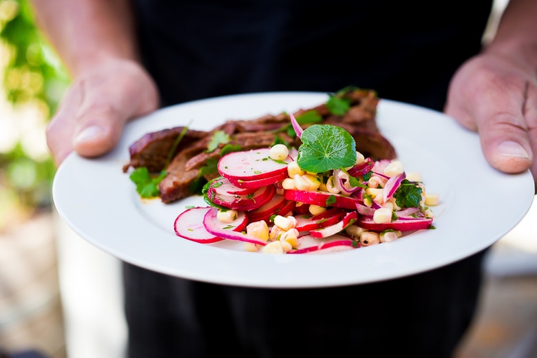 Sweet Corn and Radish Salad with Grilled Flank Steak- an easy summer weeknight meal! |www.feastingathome.com