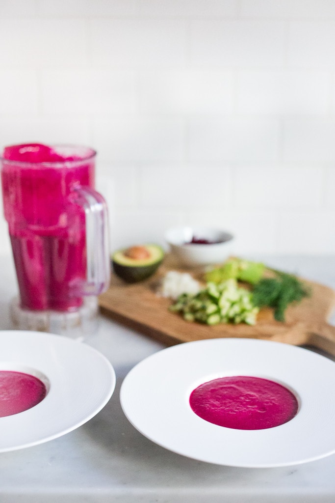 Beet Gazpacho- a luscious chilled beet soup with cucumber, avocado, and fresh dill. Vegan and Gluten free. | www.feastingathome.com