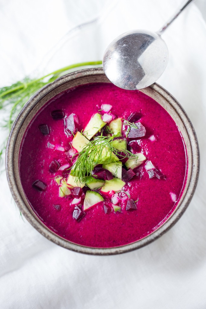 Beet Gazpacho- a luscious chilled beet soup with cucumber, avocado, and fresh dill. Vegan and Gluten free. | www.feastingathome.com