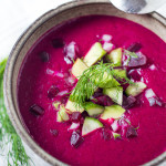 Beet Gazpacho- a simple delicious chilled beet soup with cucumber, avocado, and fresh dill. Vegan and Gluten free. | www.feastingathome.com #beets #beetrecipes #gazpacho #beetgazpacho #chilledsoup #coldsoup