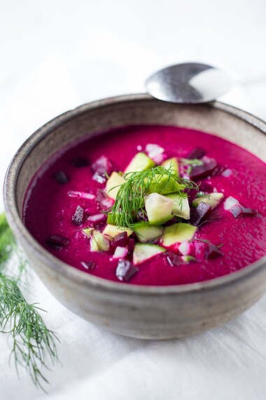 Beet Gazpacho- a refreshing and delicious cold beet soup with cucumber, avocado, and fresh dill. Vegan and Gluten free. | www.feastingathome.com #beets #beetrecipes #gazpacho #beetgazpacho #chilledsoup #coldsoup