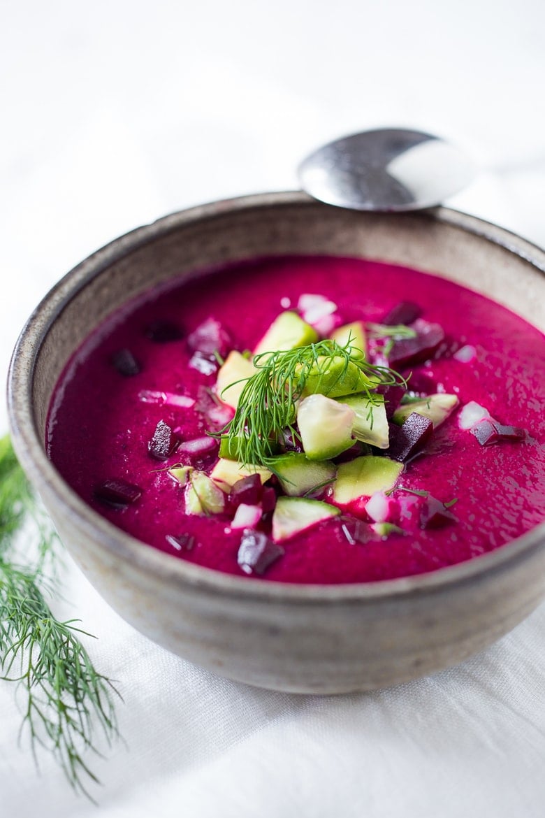 30 Summer Recipes| Cooling Beet Gazpacho- a refreshing and delicious cold beet soup with cucumber, avocado, and fresh dill. Vegan and Gluten free. | www.feastingathome.com #beets #beetrecipes #gazpacho #beetgazpacho #chilledsoup #coldsoup