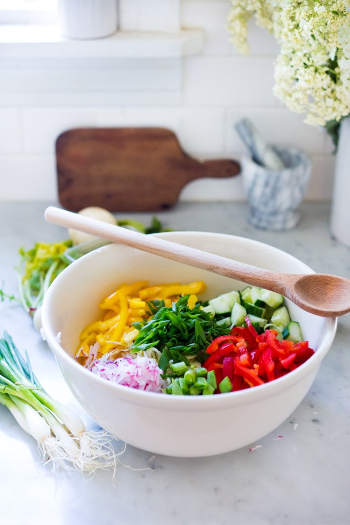 Thai Vegetable Crunch Salad with mint, thai basil and scallions and a light peanut ginger dressing- vegan and gluten free| www.feastingathome.com