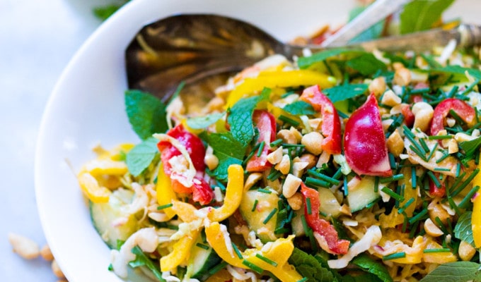 Thai Vegetable Crunch Salad with a light peanut ginger dressing- vegan and gluten free| www.feastingathome.com