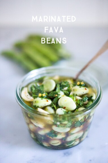 Marinated Fava beans- with olive oil, vinegar, garlic, lemon zest and fresh herbs- a great way to persevere summer shelling beans. Serve with hummus and pita!| www.feastingathome.com