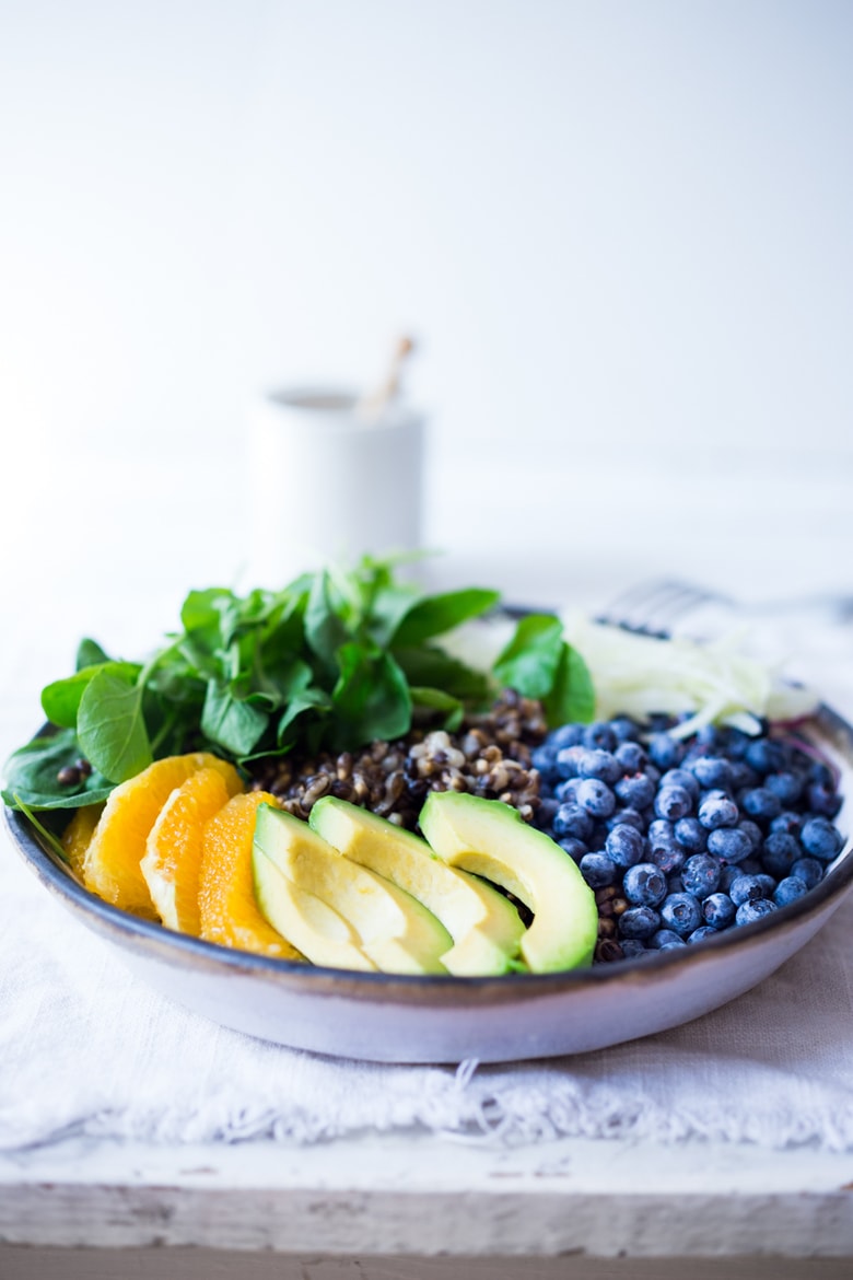 Vegan Glow Bowl! Packed full of incredible polyphenols to help us glow from the inside out. Fresh fruits and veggies, whole grains and a delicious citrus dressing. (And read the amazing story about my dad going vegan below!) 