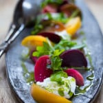 Tomato Beet and Buratta Salad with Basil Oil and Balsamic Drizzle- a vibrant and tasty summer salad.| www.feastingathome.com