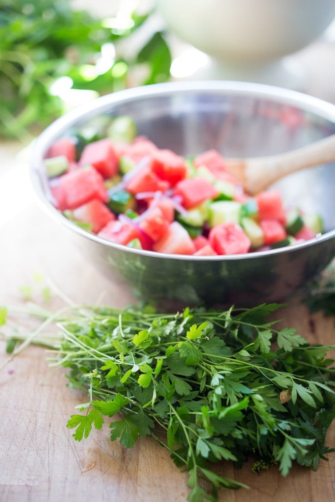 Making the watermelon salad