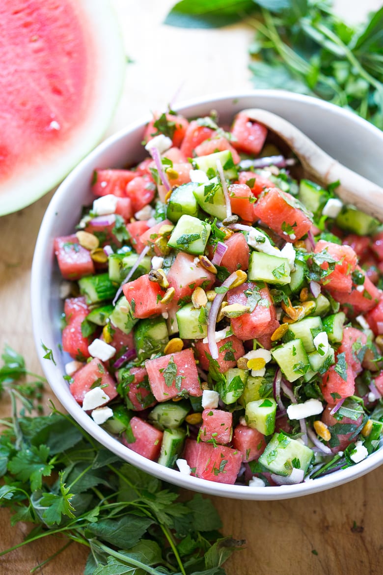 Moroccan Watermelon and Cucumber Salad -plus15 Farmers Market Recipes ( or CSA recipes) to make this summer! | www.feastingathome.com